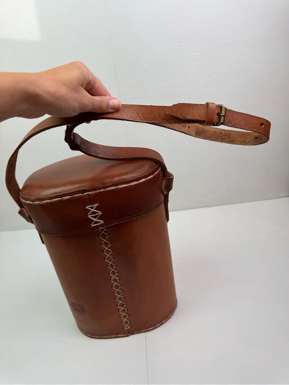 VTG Artesania Uruguay Tooled Leather Thermos Bottle Case Carrier Cross Stitch